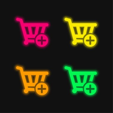 Add To Shopping Cart four color glowing neon vector icon clipart