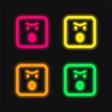 Açılan Ağızlı Kızgın Duygusal Yüz Yuvarlak Meydan Dış Hattı Dört Renkli Parlak neon vektör simgesi