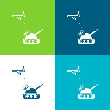 Airplane Throwing Bombs On A War Tank Flat four color minimal icon set clipart