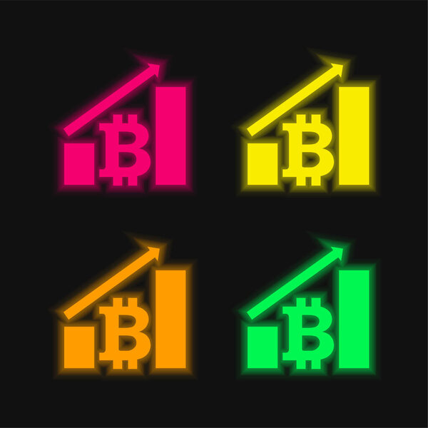 Bitcoin Graphic with Up Arrow four color growing neon vector icon