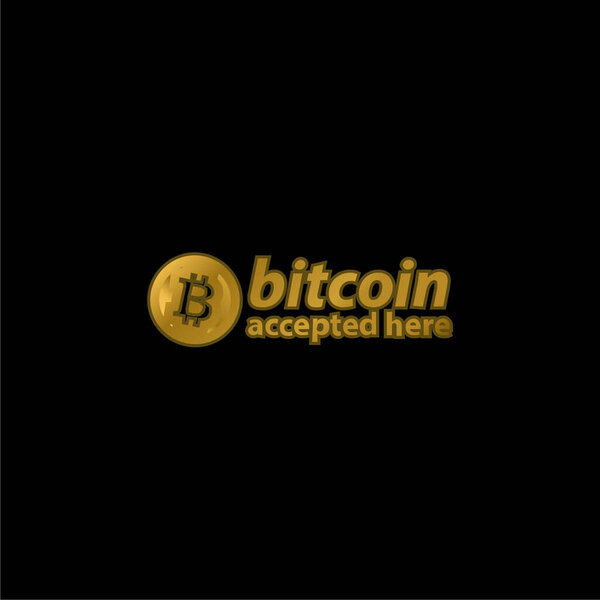 Биткоин принимают здесь: золотая металлическая иконка или вектор логотипа