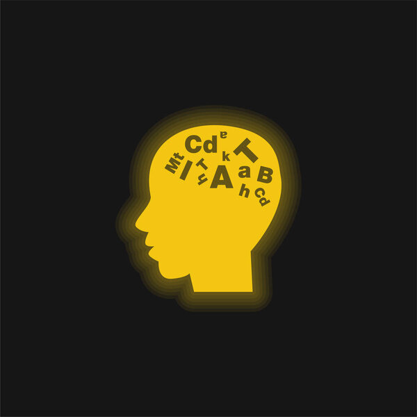 Bald Male Head Side View With Letters Inside yellow glowing neon icon