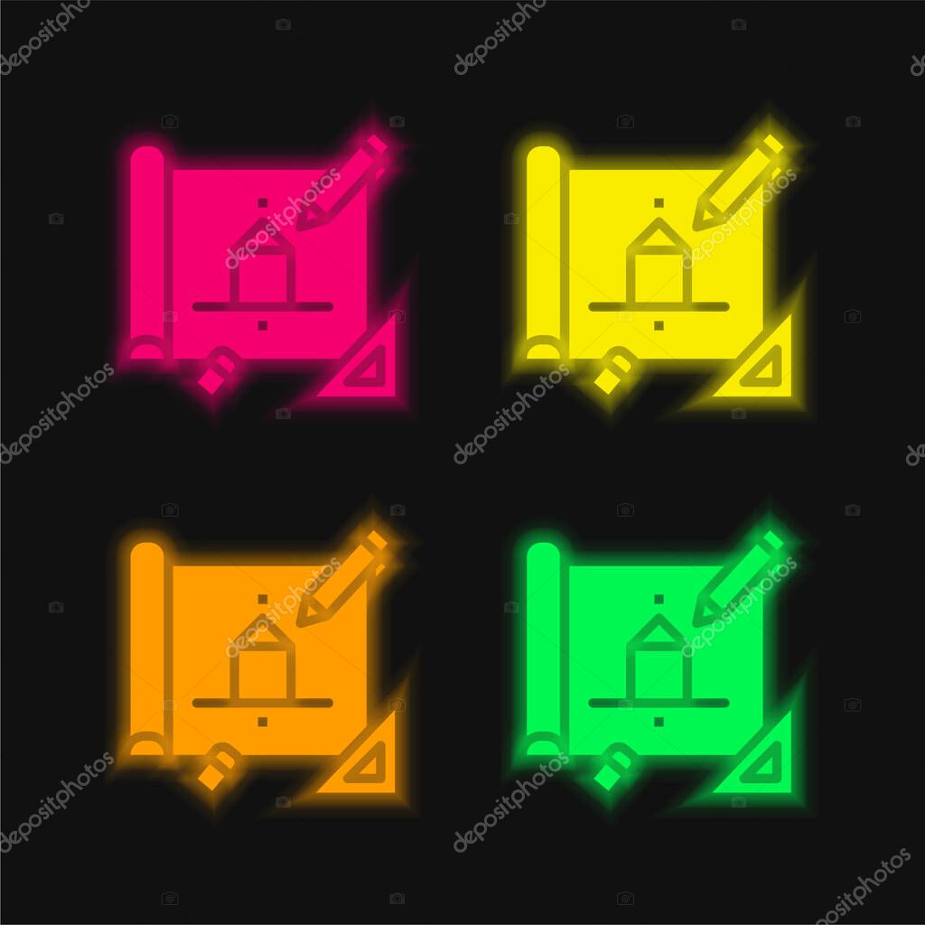Architecture four color glowing neon vector icon