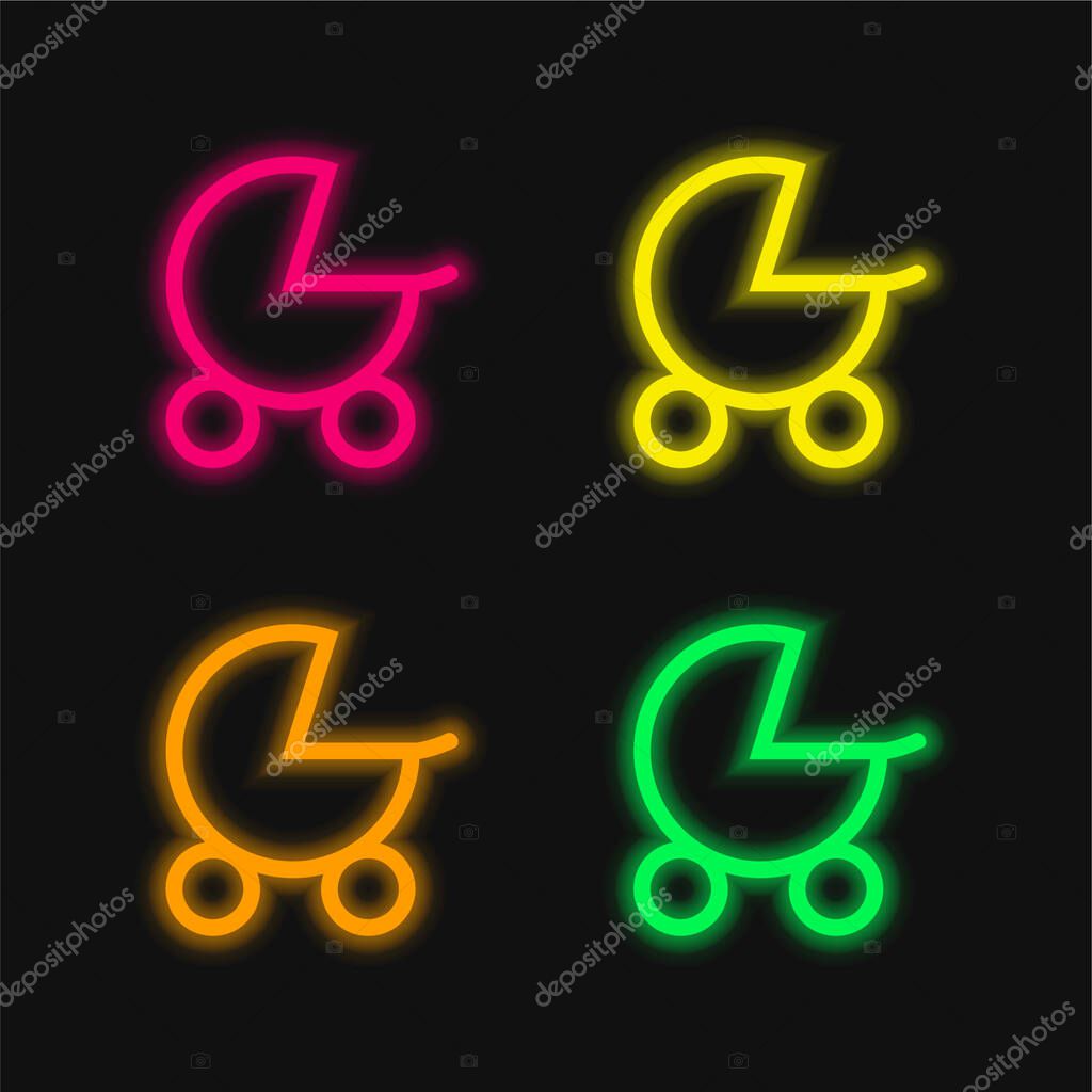 Baby Stroller four color glowing neon vector icon