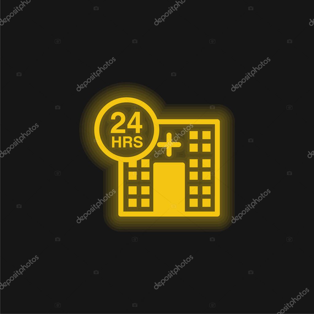 24 Hours Medical Assistance yellow glowing neon icon