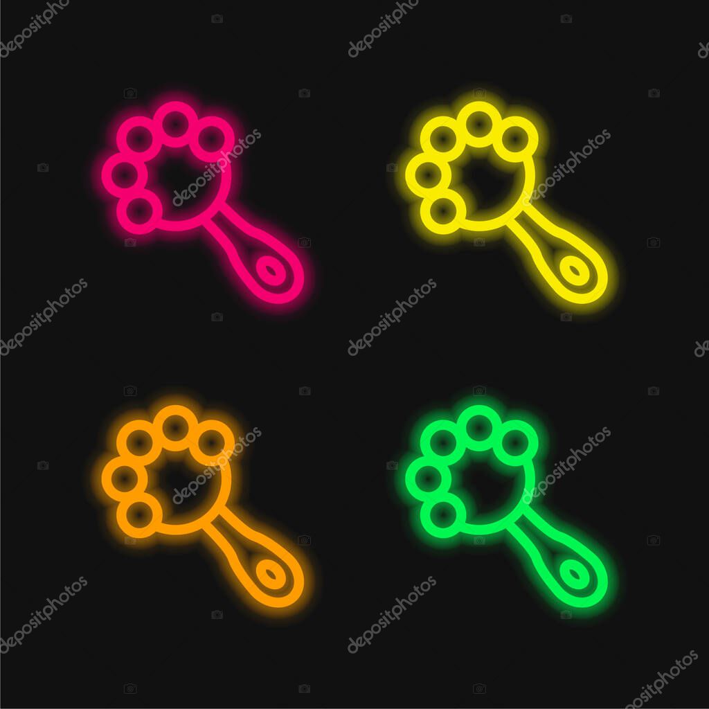 Baby Rattle four color glowing neon vector icon