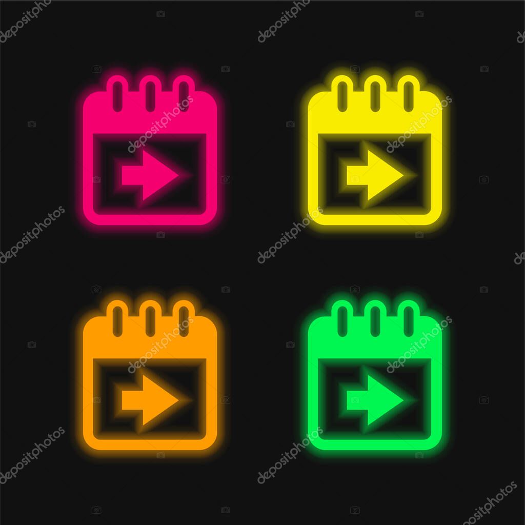 Advance Calendar Page Button With Right Arrow four color glowing neon vector icon