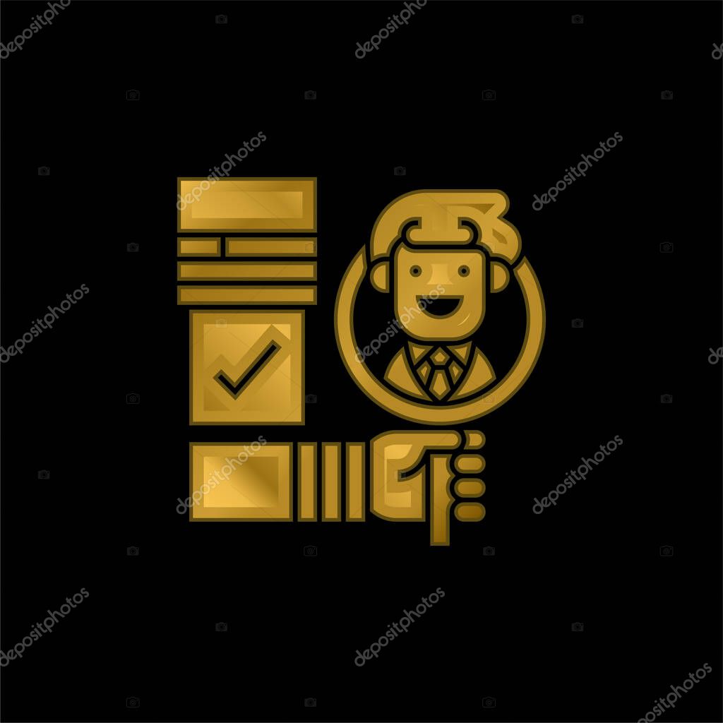 Background Check gold plated metalic icon or logo vector