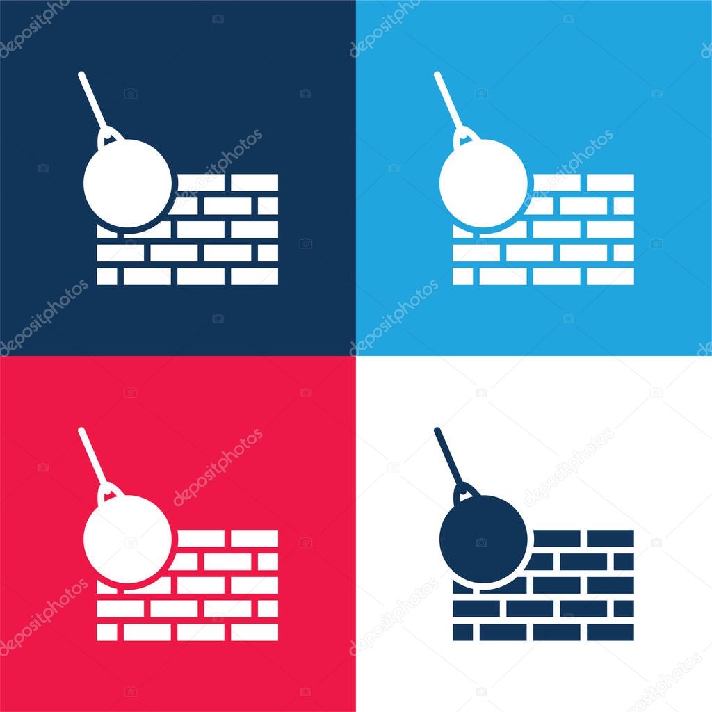 Bricks Wall And Demolition Ball blue and red four color minimal icon set