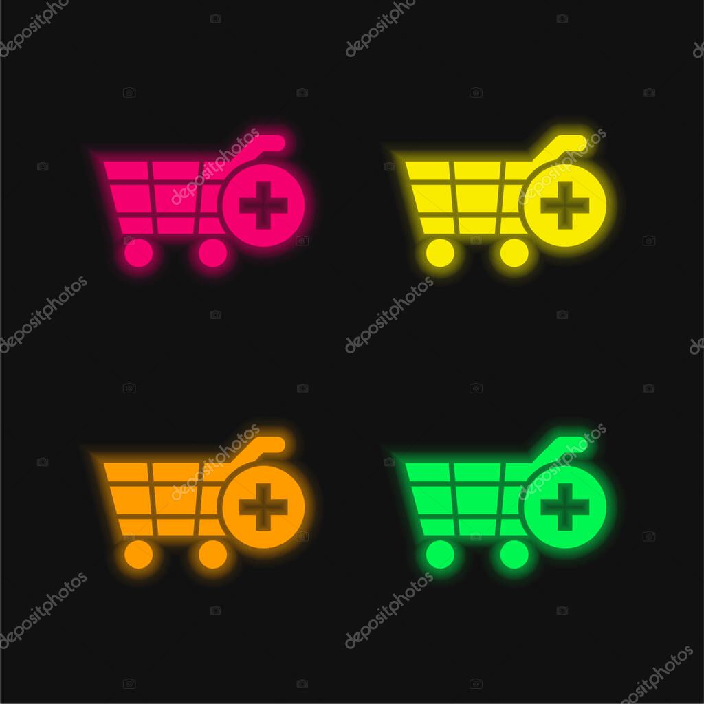 Add Shopping Cart E Commerce Interface Symbol four color glowing neon vector icon