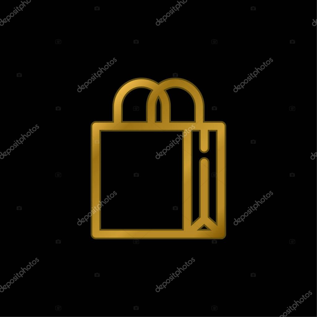Big Bag With Handles gold plated metalic icon or logo vector
