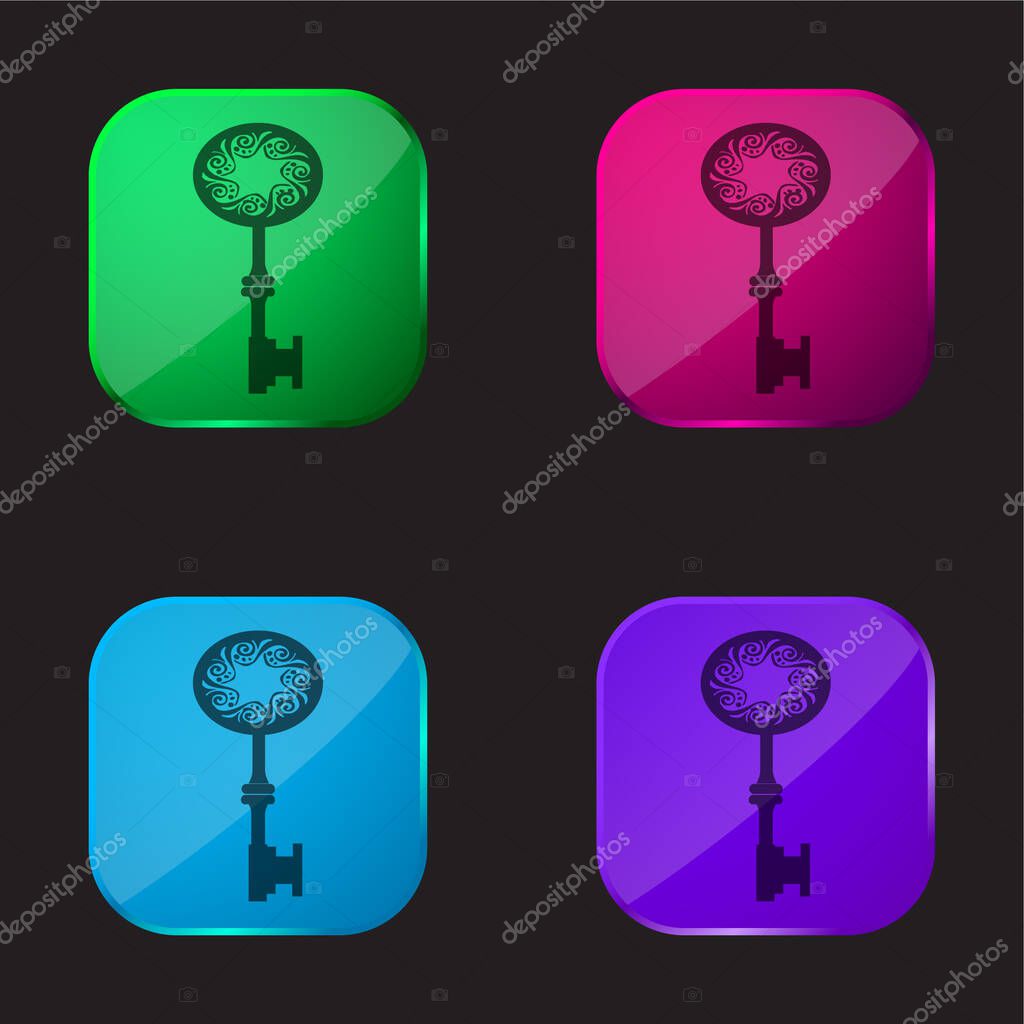Antique Key Shape With Star Hole In The Middle Of Spirals In An Oval four color glass button icon