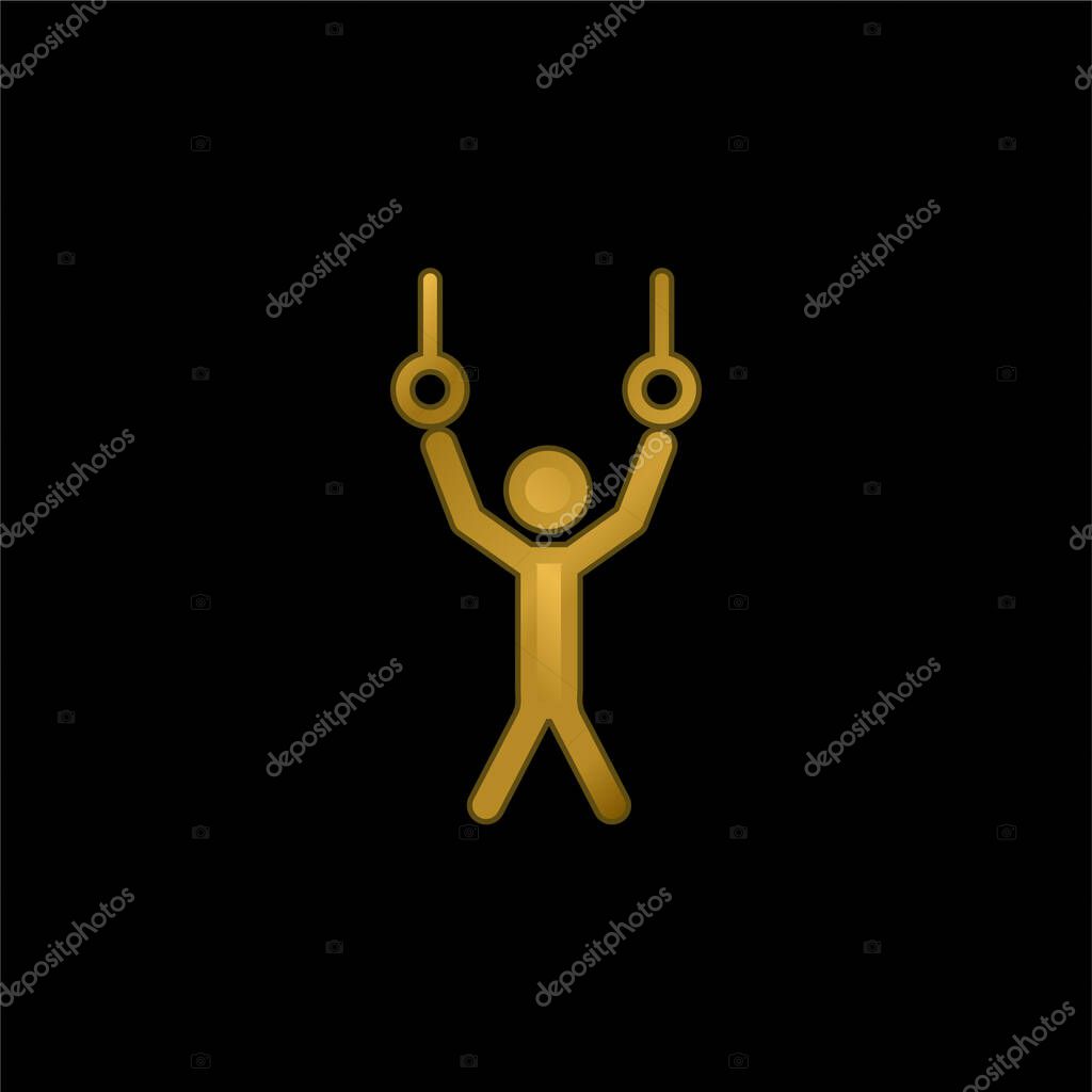 Athlete Hanging Of Rings Couple To Practice Gymnastics gold plated metalic icon or logo vector