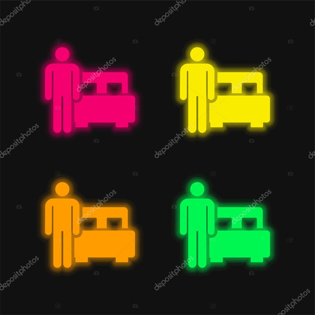 Bed four color glowing neon vector icon