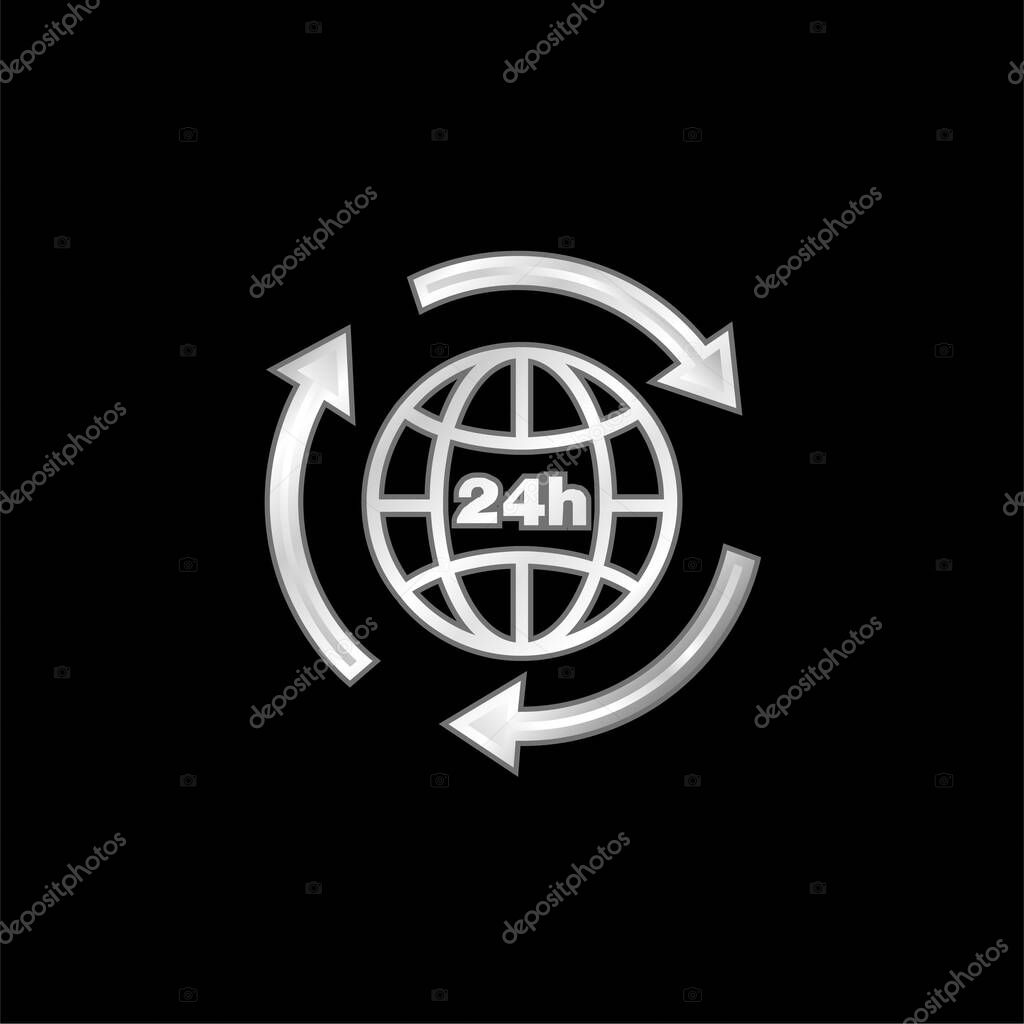 24 Hours Earth Grid Symbol With Arrows Circle Around silver plated metallic icon