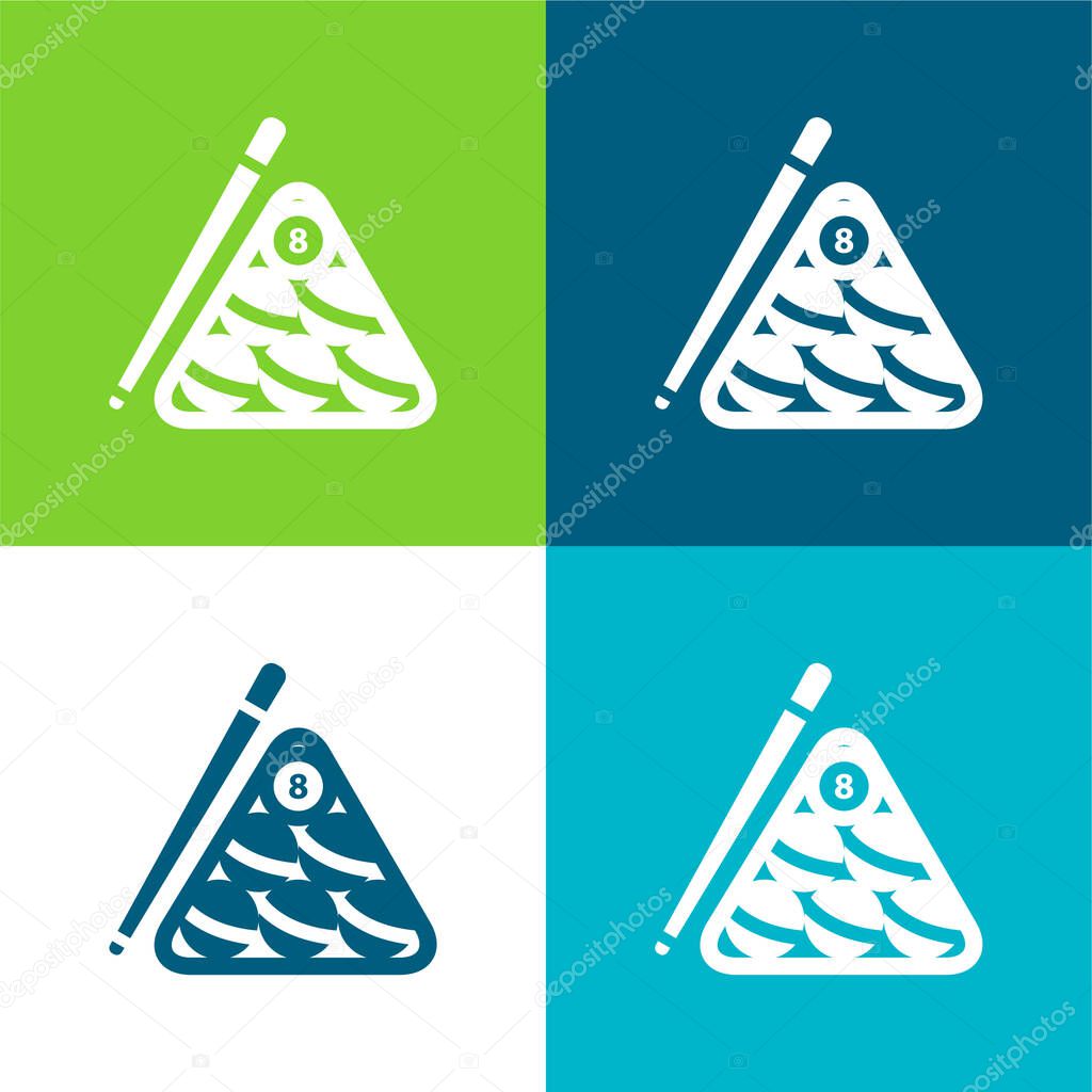 Billiard Balls Set Inside The Triangle And The Stick At One Side Flat four color minimal icon set