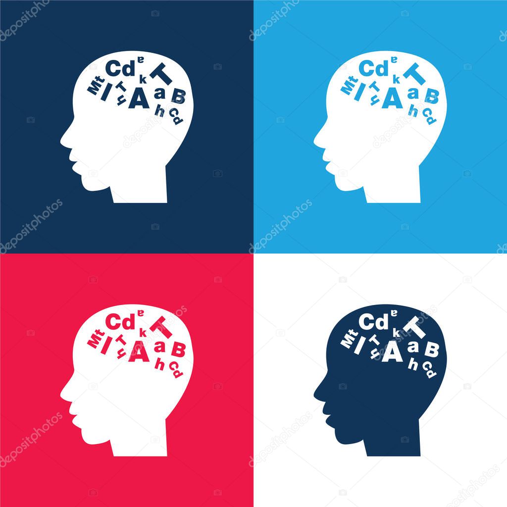 Bald Male Head Side View With Letters Inside blue and red four color minimal icon set