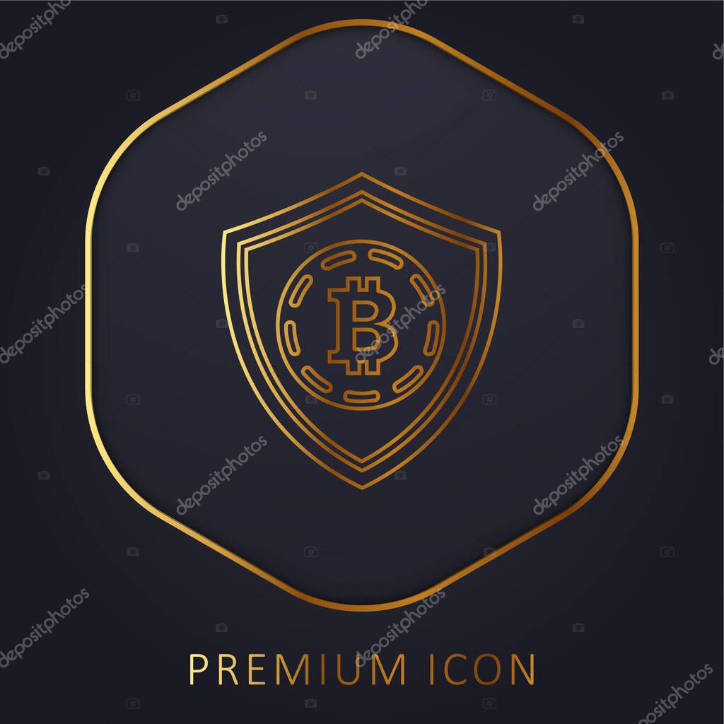 Bitcoin Safety Shield Symbol golden line premium logo or icon