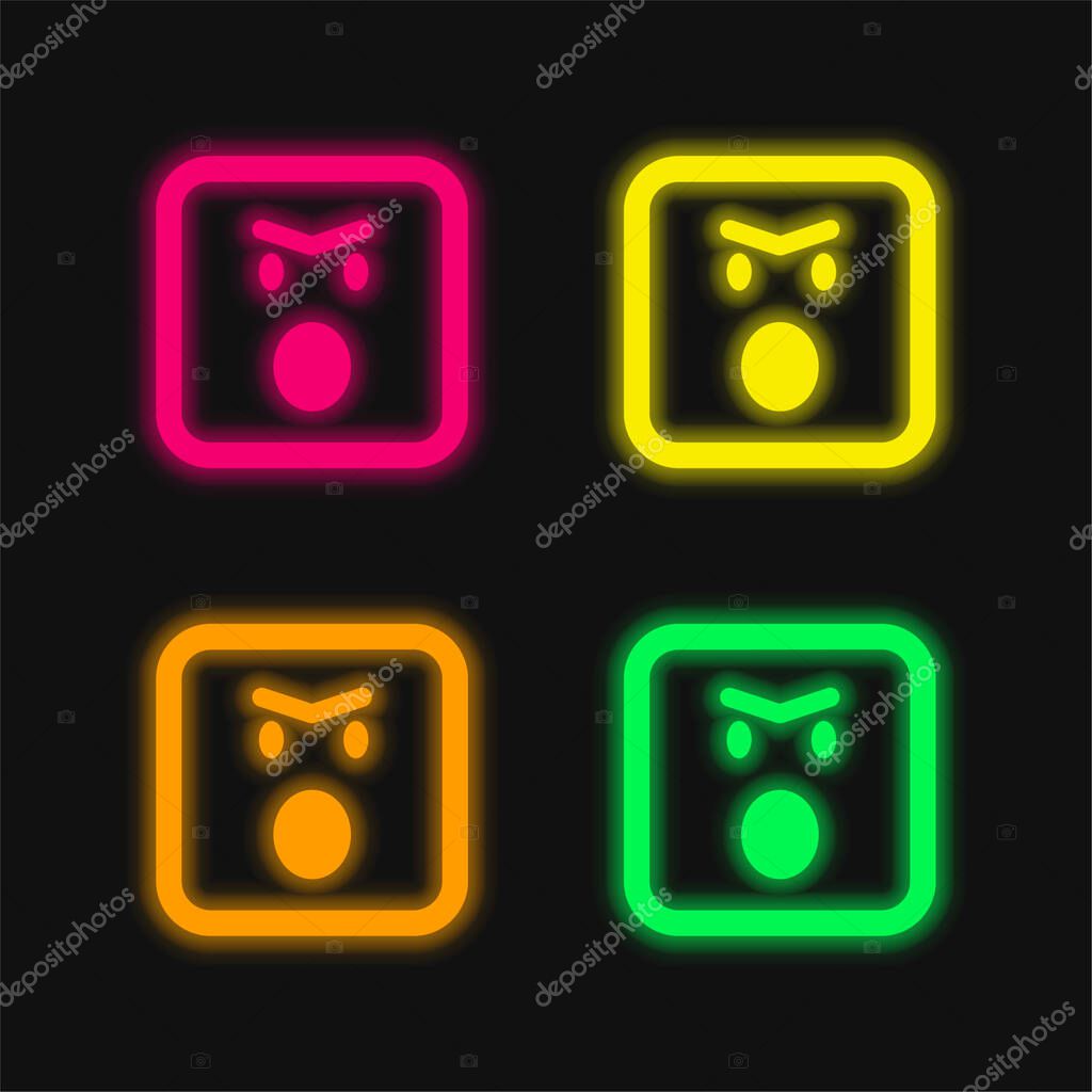Angry Emoticon Face With Opened Mouth In Rounded Square Outline four color glowing neon vector icon