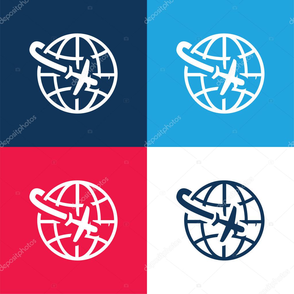 Airplane Flight Around The Planet blue and red four color minimal icon set