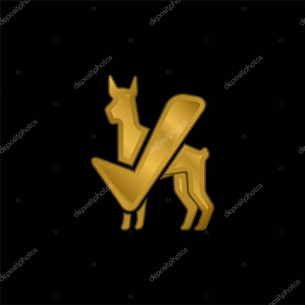 Big Dog Black Silhouette With Verification Sign gold plated metalic icon or logo vector