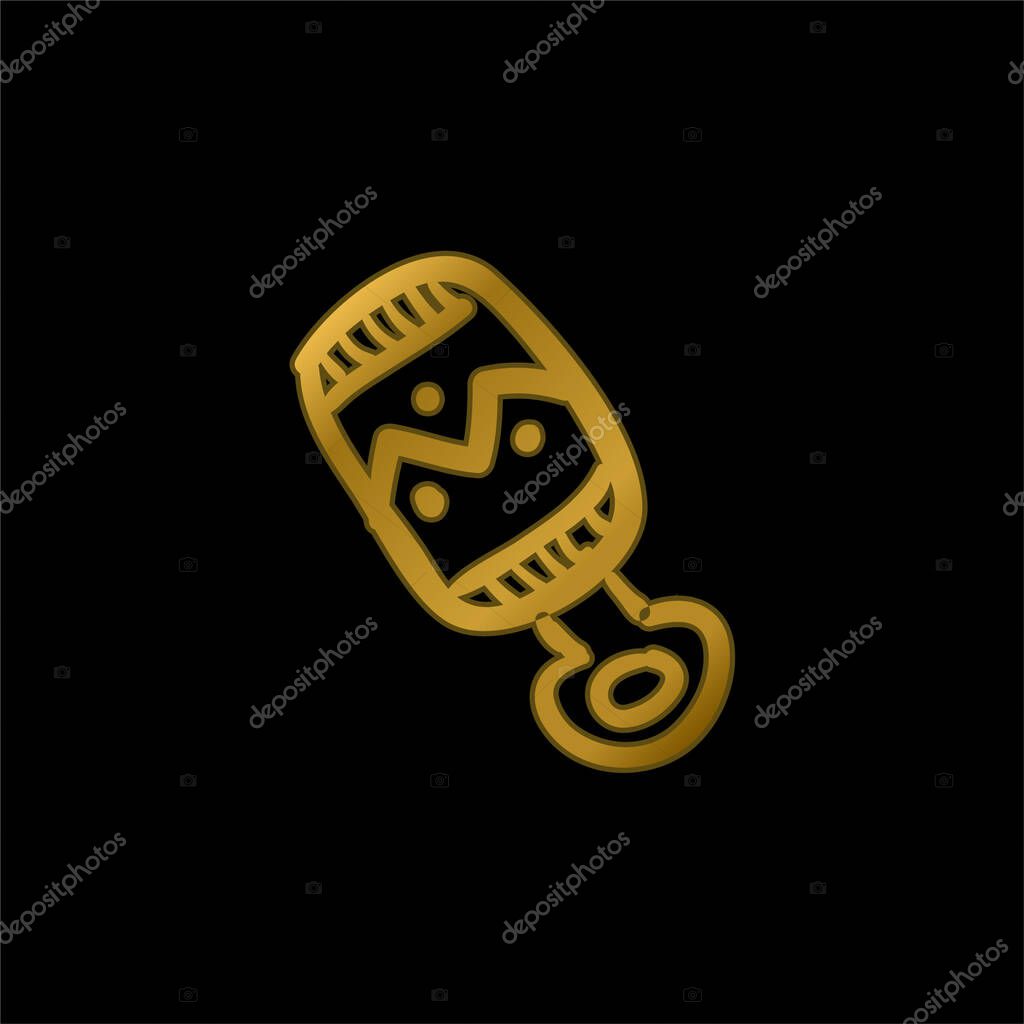 Baby Rattle Hand Drawn Toy gold plated metalic icon or logo vector