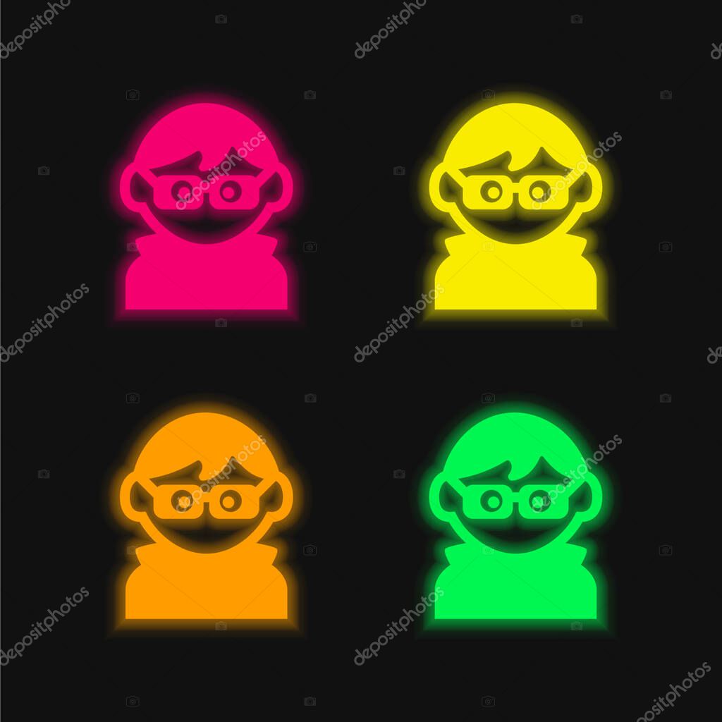 Boy With Eyeglasses, Dark Clothes And Hair four color glowing neon vector icon