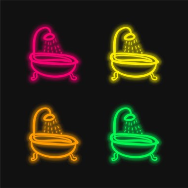 Küvet Vintage Duş Dört renk parlayan neon vektör simgesi