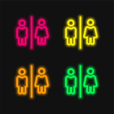 Bathrooms For Men And Women Outlines Sign four color glowing neon vector icon clipart