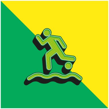 Plaj futbolcusu kum yeşili ve sarı renkli 3D vektör logosu üzerinde topla koşuyor.