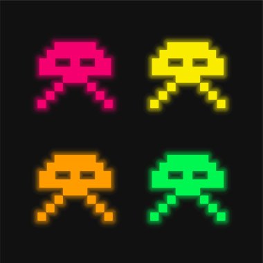 Uzaylı Ufo Pixelated Game Şekil dört renk parlayan neon vektör simgesi