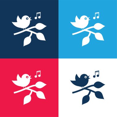 Bir dalda öten kuş yaprakları mavi ve kırmızı dört renk simgesi seti