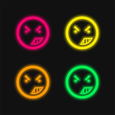 Yuvarlak Kare Dış Hattı 'nın Duygusal Yüzünde Öfke Dört Renkli Parlak Neon Vektör Simgesi