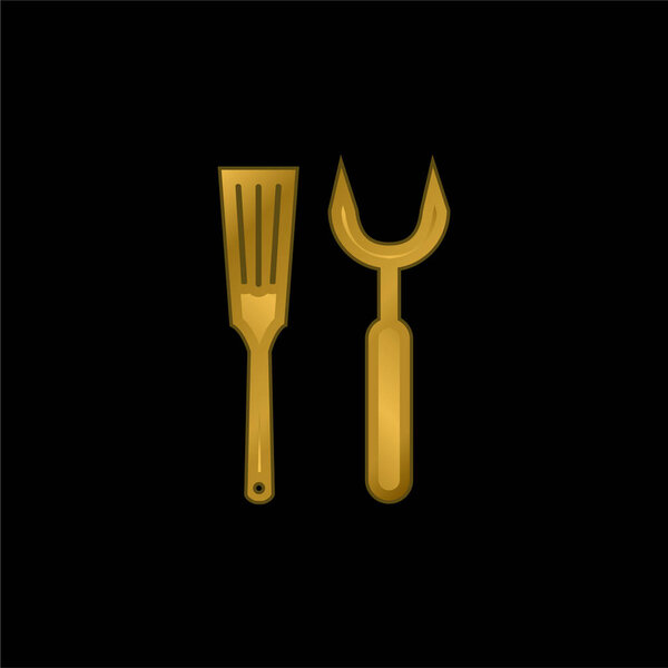 Barbacue Utensils gold plated metalic icon or logo vector