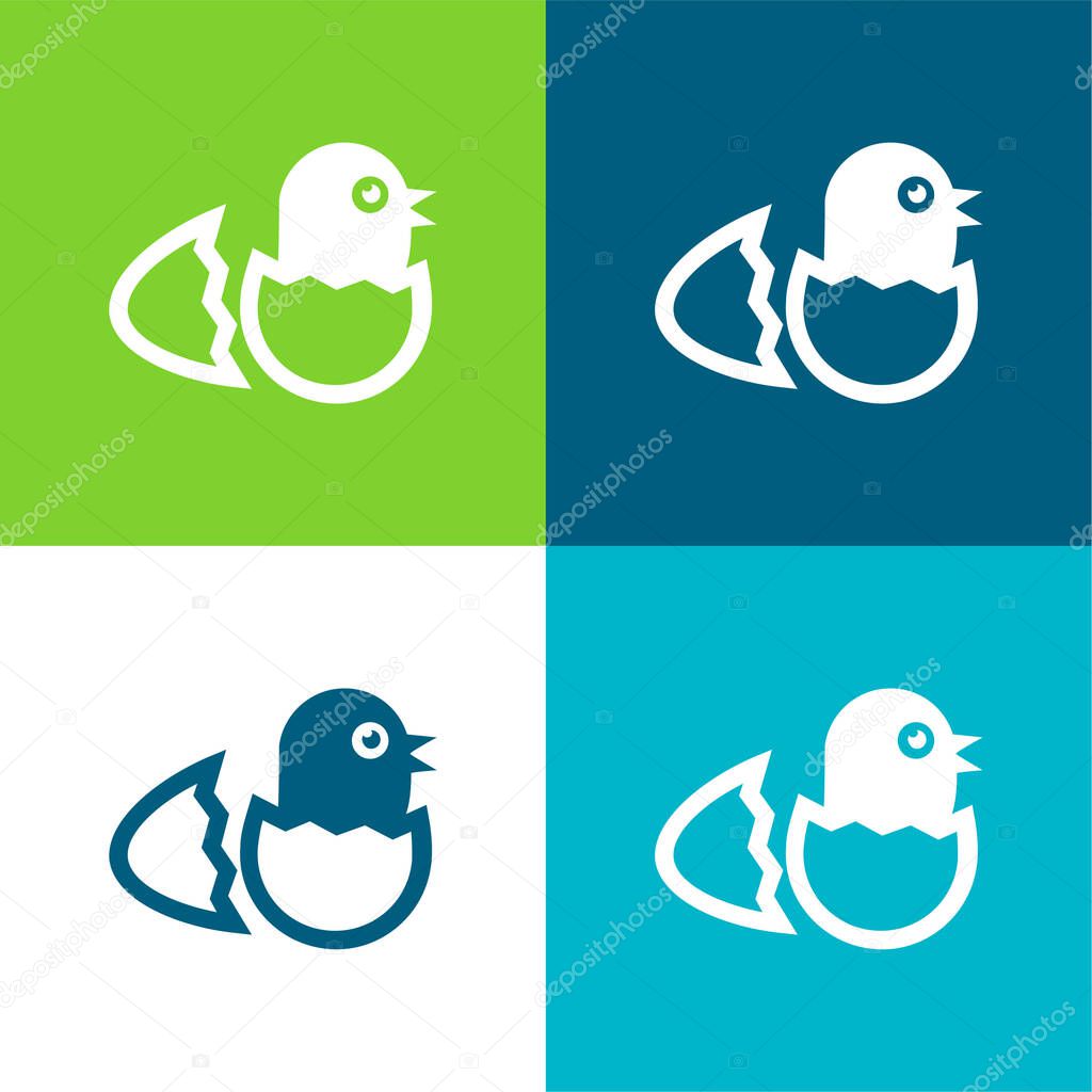 Bird In Broken Egg From Side View Flat four color minimal icon set