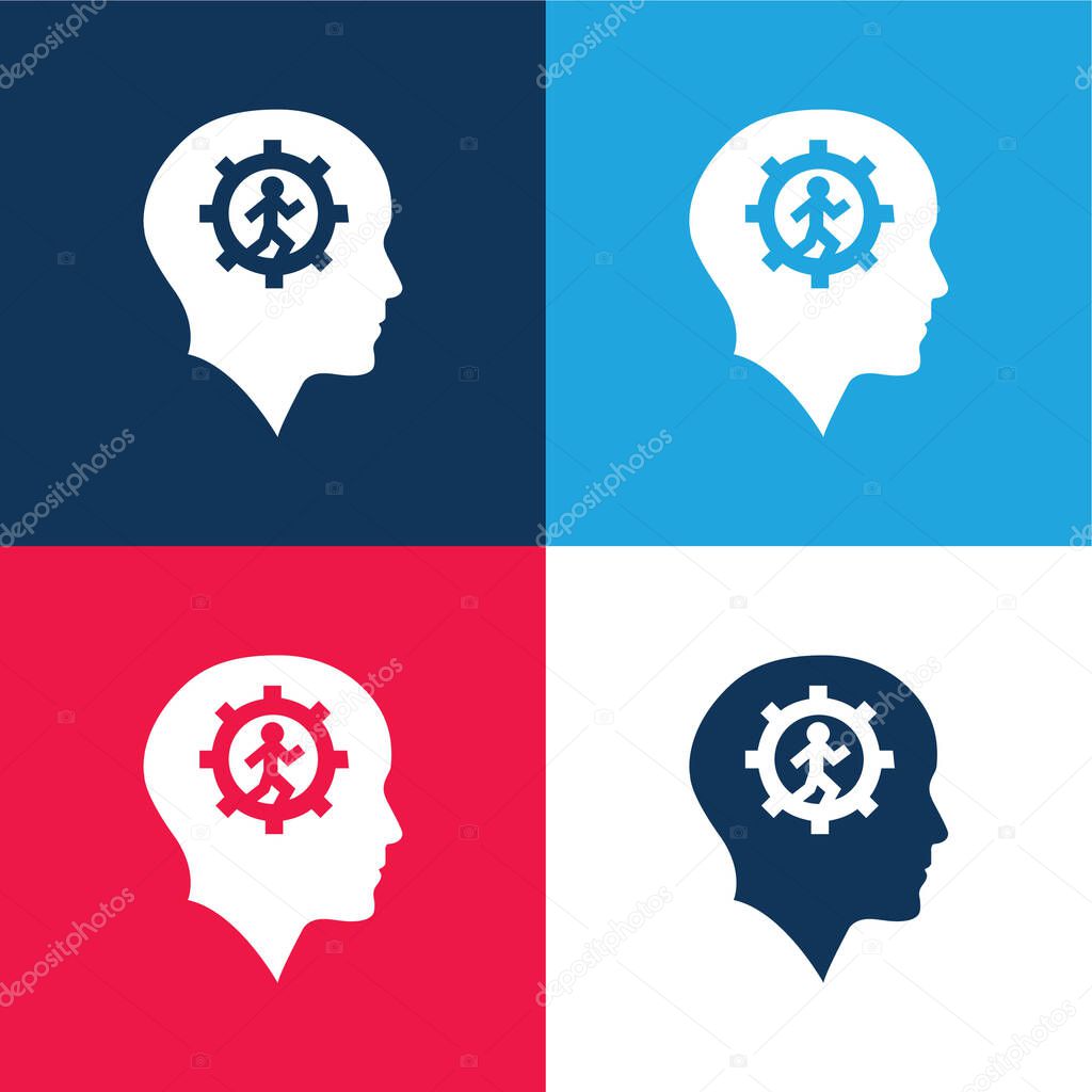Bald Head With Gear And Running Man Inside blue and red four color minimal icon set