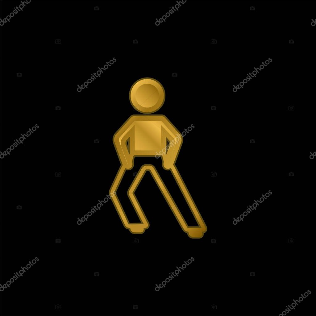 Boy Stretching Legs gold plated metalic icon or logo vector