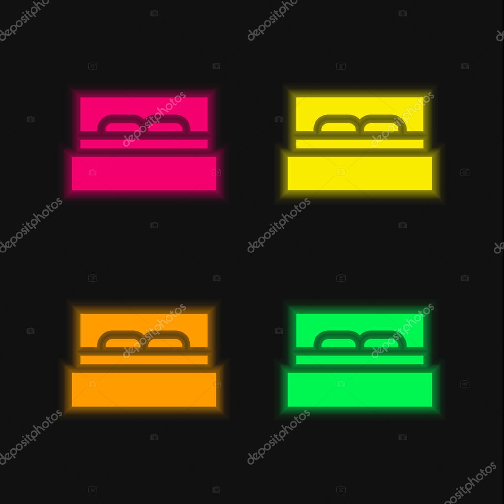 Bed four color glowing neon vector icon