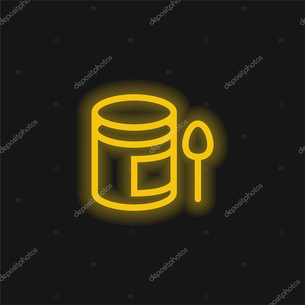 Baby Puree Pot And A Spoon yellow glowing neon icon