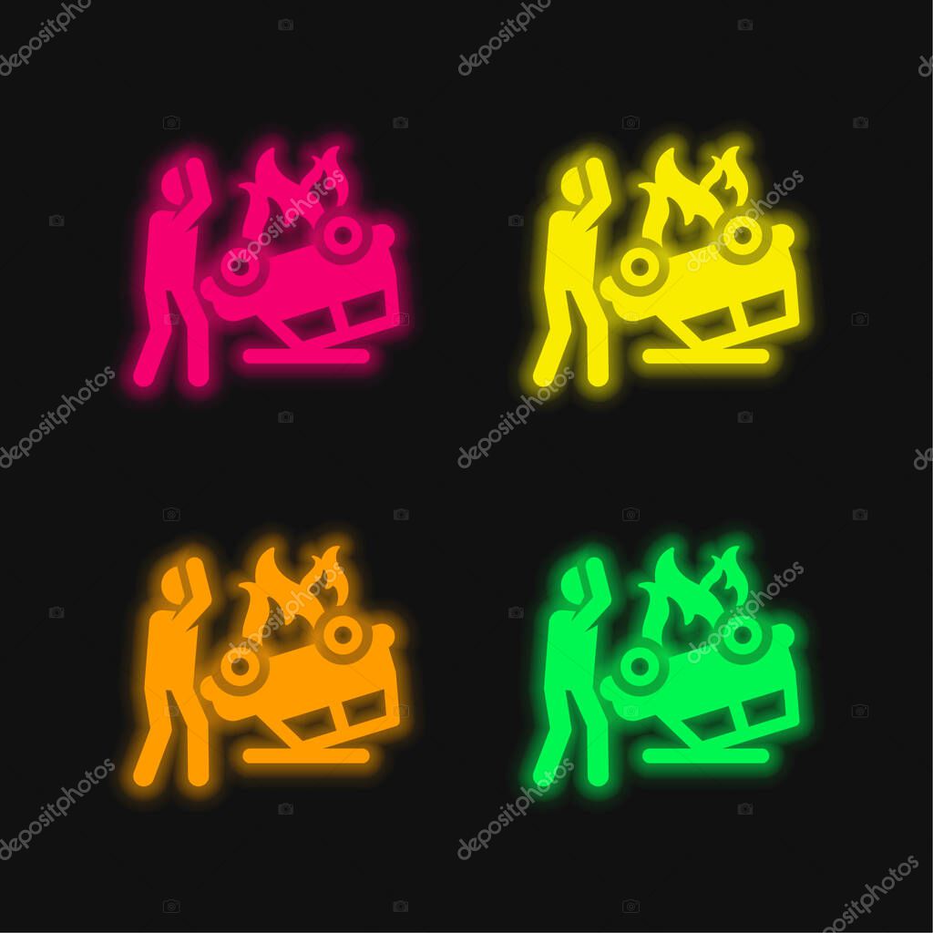 Accident four color glowing neon vector icon