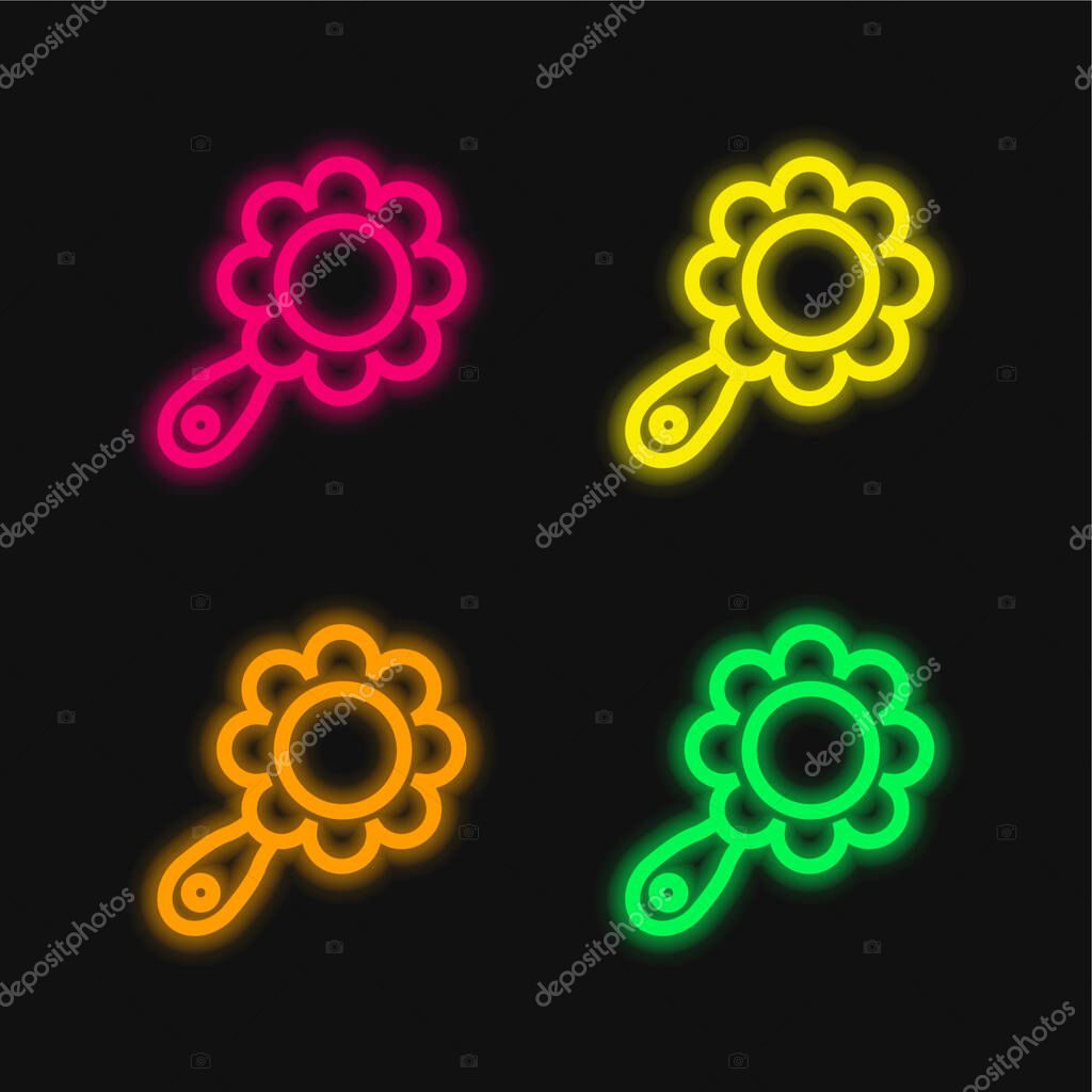 Baby Rattle Of Flower Shape four color glowing neon vector icon