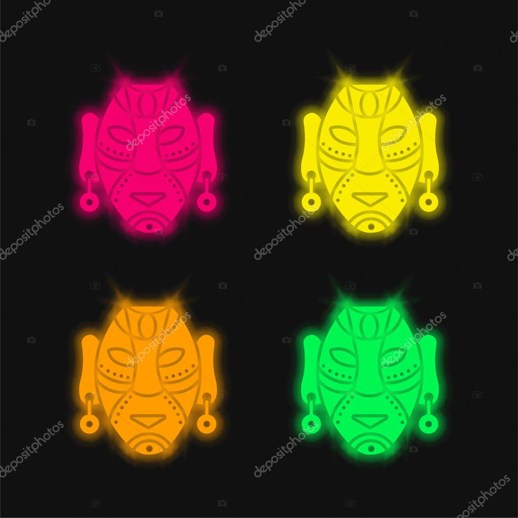 African Mask four color glowing neon vector icon