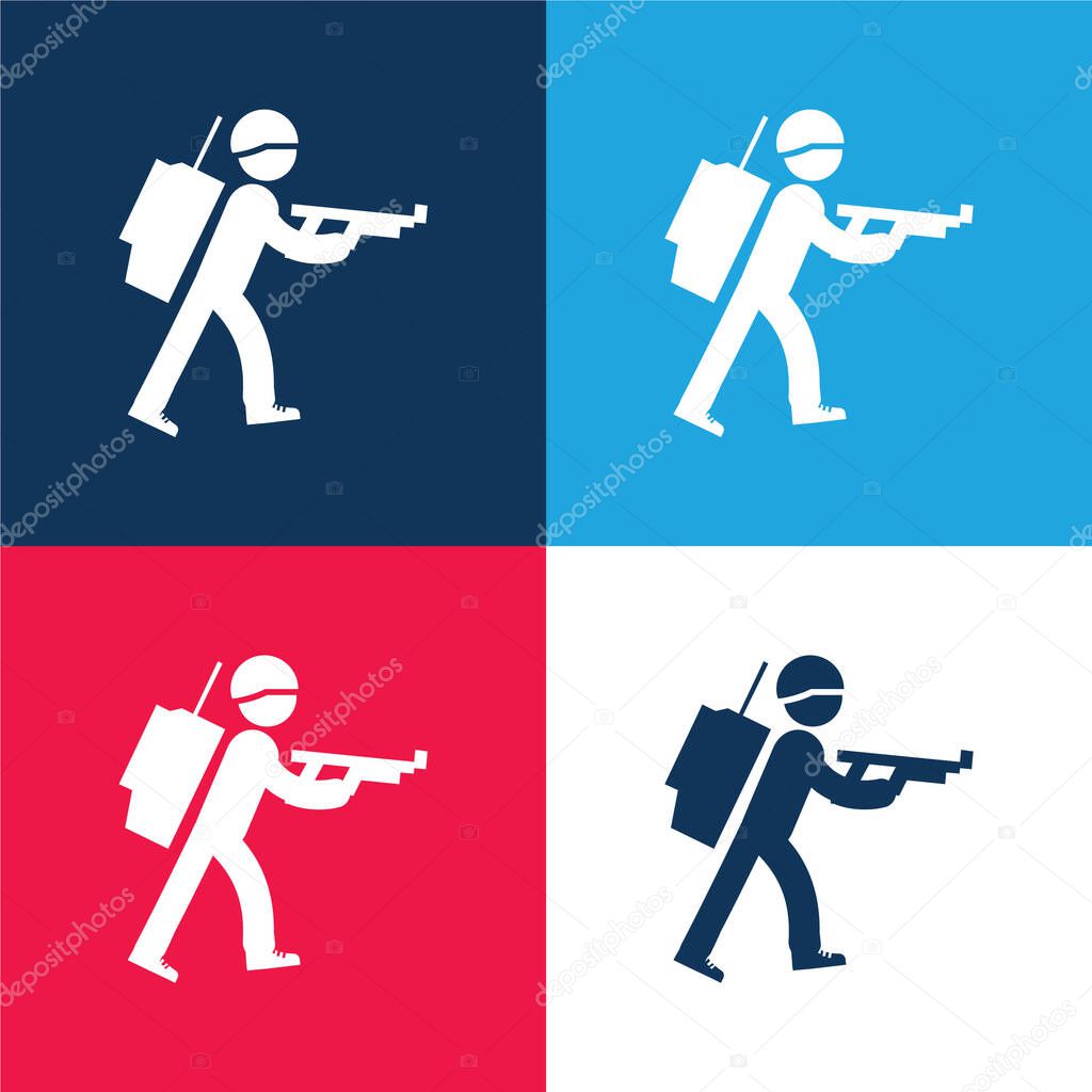 Army Soldier Walking blue and red four color minimal icon set