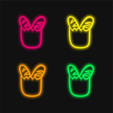 Bagetler Alışveriş Torbası Taslağında 4 renkli parlayan neon vektör simgesi