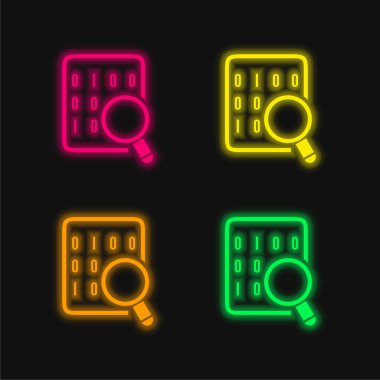Veri Tablosundaki İkili Kodlar Büyütücü Lens ile parlayan neon vektör simgesi