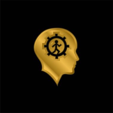 Altın kaplama metal ikon ya da logo vektörü içinde Dişli ve Koşan Adam ile Kel Kafa