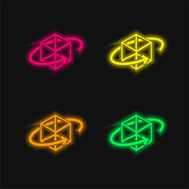 Dairesel Oklu 3d yazdırılmış Küp Dört renk parlayan neon vektör simgesi