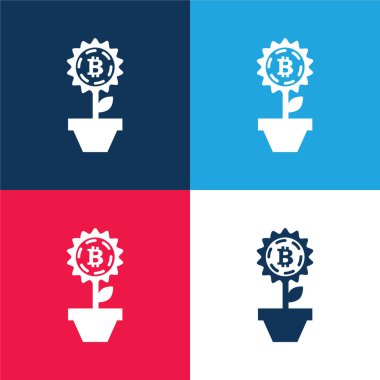 Bitcoin Çiçeği Bir Çanak Mavi ve Kırmızı Dört Renk Minimum Simgesi