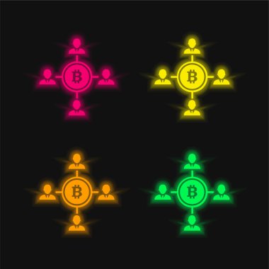 Bitcoin ve Kullanıcı Bağlantıları 4 renkli neon vektör simgesi