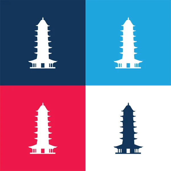 Auspicious Light Pagoda Blue Red Four Color Minimal Icon Set — Stock Vector